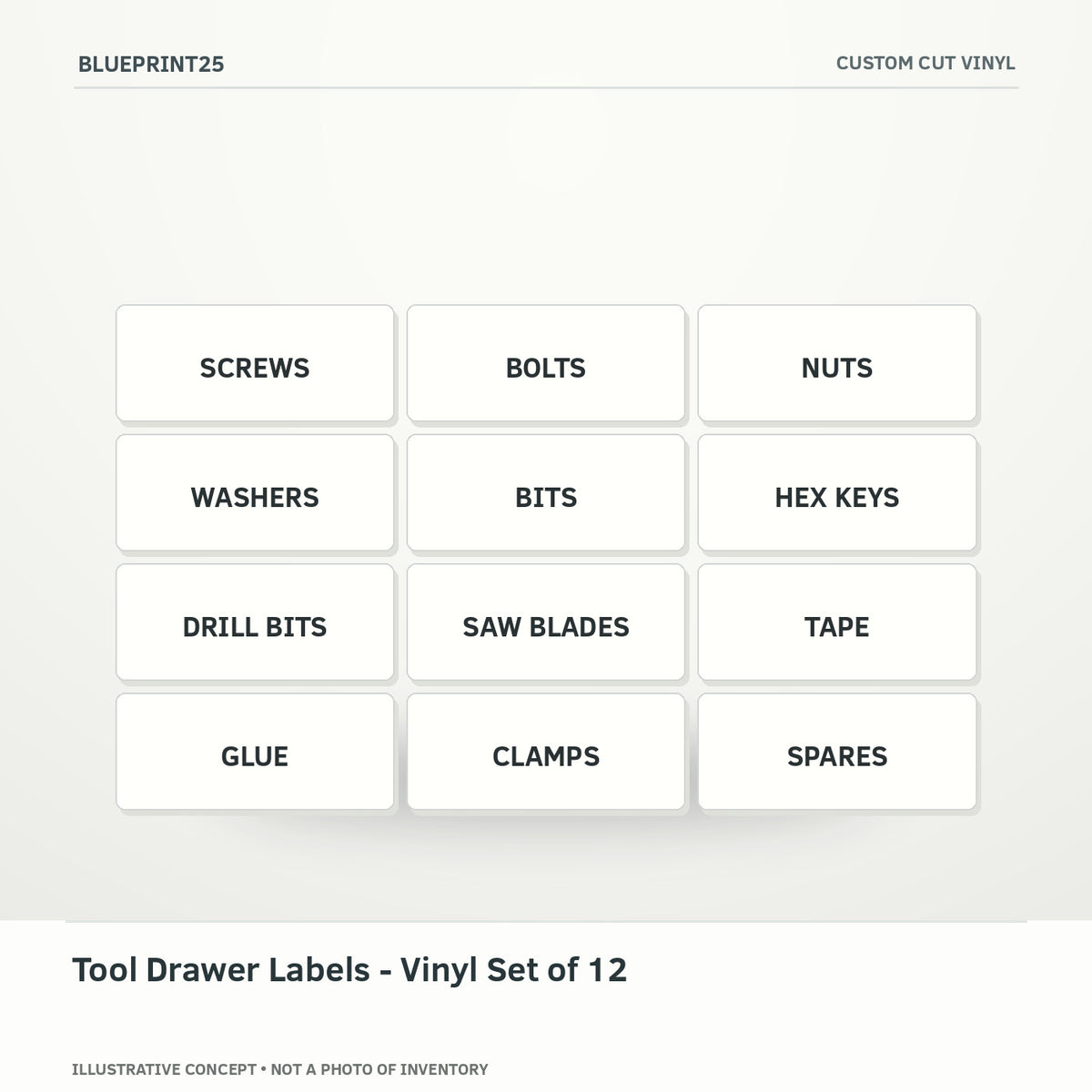 Tool Drawer Labels - Vinyl Set of 12 illustrative concept, main view; not a photo of finished inventory.