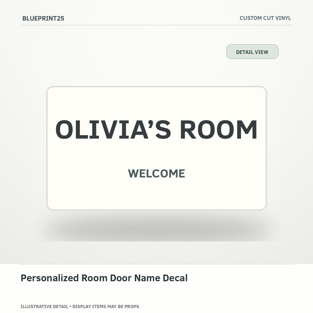 Personalized Room Door Name Decal illustrative concept, detail view; final physical design has not been confirmed.