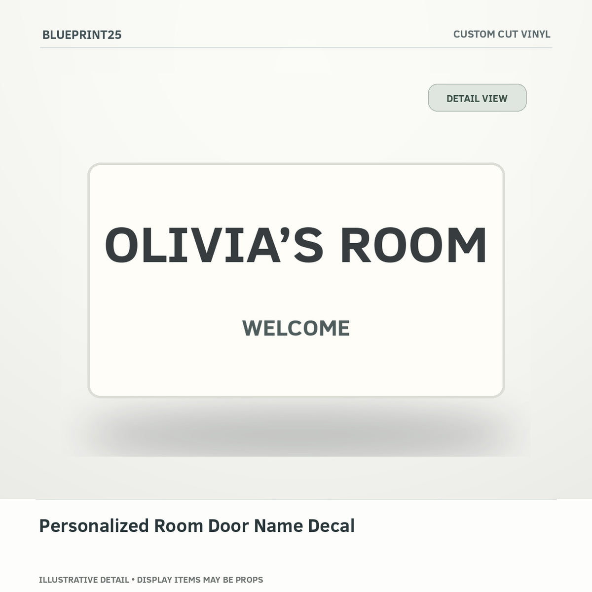 Personalized Room Door Name Decal illustrative concept, detail view; final physical design has not been confirmed.