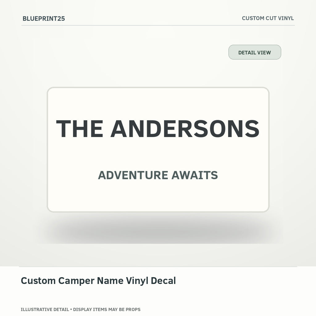 Custom Camper Name Vinyl Decal illustrative concept, detail view; final physical design has not been confirmed.