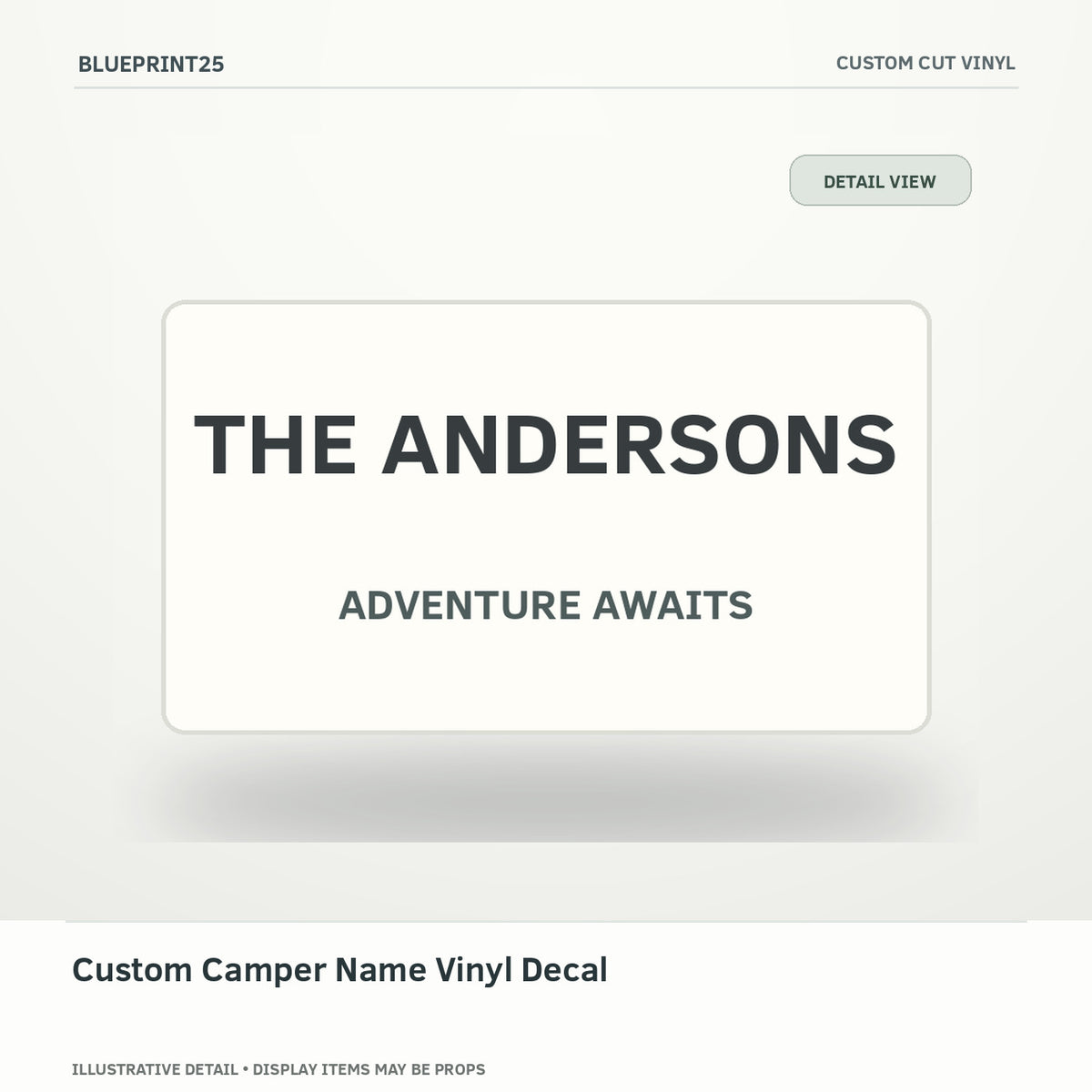 Custom Camper Name Vinyl Decal illustrative concept, detail view; final physical design has not been confirmed.
