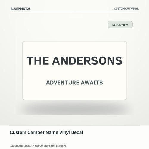 Custom Camper Name Vinyl Decal illustrative concept, detail view; final physical design has not been confirmed.