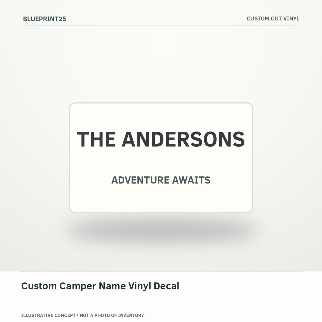 Custom Camper Name Vinyl Decal illustrative concept, main view; not a photo of finished inventory.