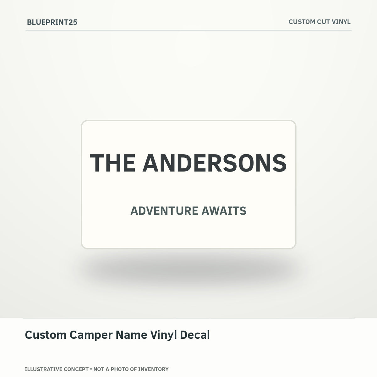 Custom Camper Name Vinyl Decal illustrative concept, main view; not a photo of finished inventory.