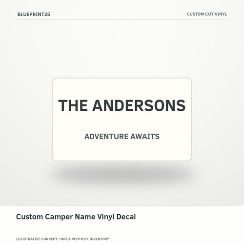 Custom Camper Name Vinyl Decal illustrative concept, main view; not a photo of finished inventory.