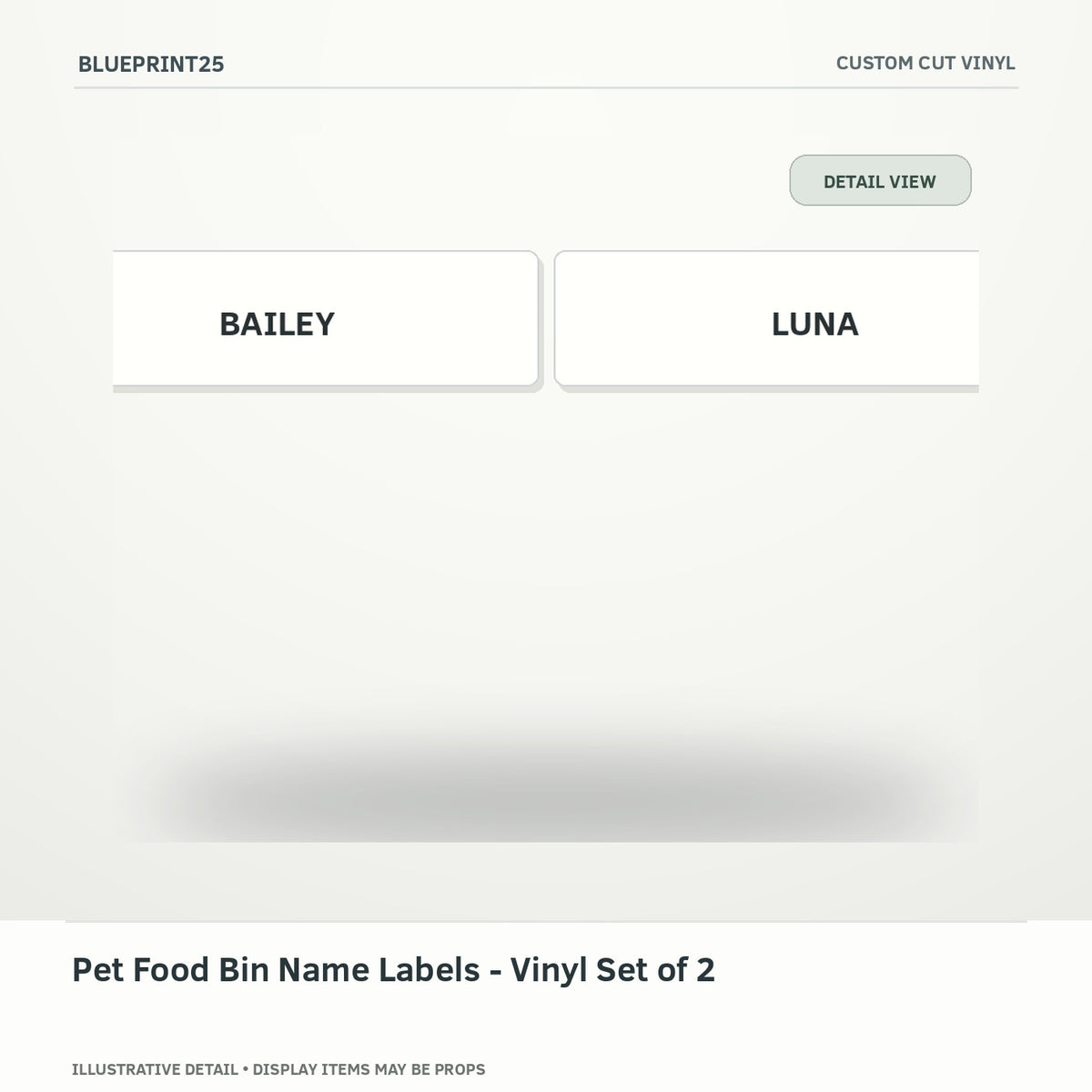 Pet Food Bin Name Labels - Vinyl Set of 2 illustrative concept, detail view; final physical design has not been confirmed.