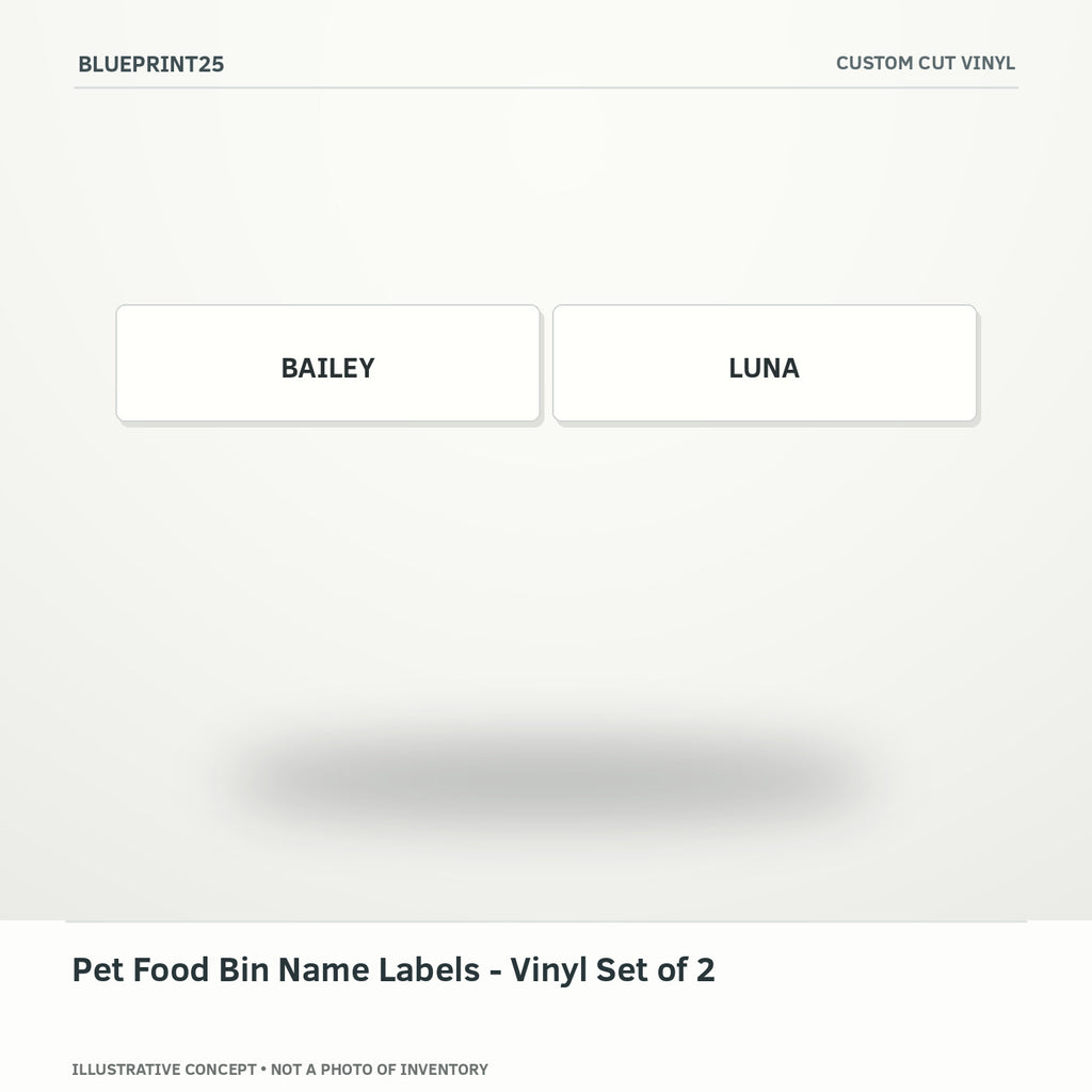 Pet Food Bin Name Labels - Vinyl Set of 2 illustrative concept, main view; not a photo of finished inventory.