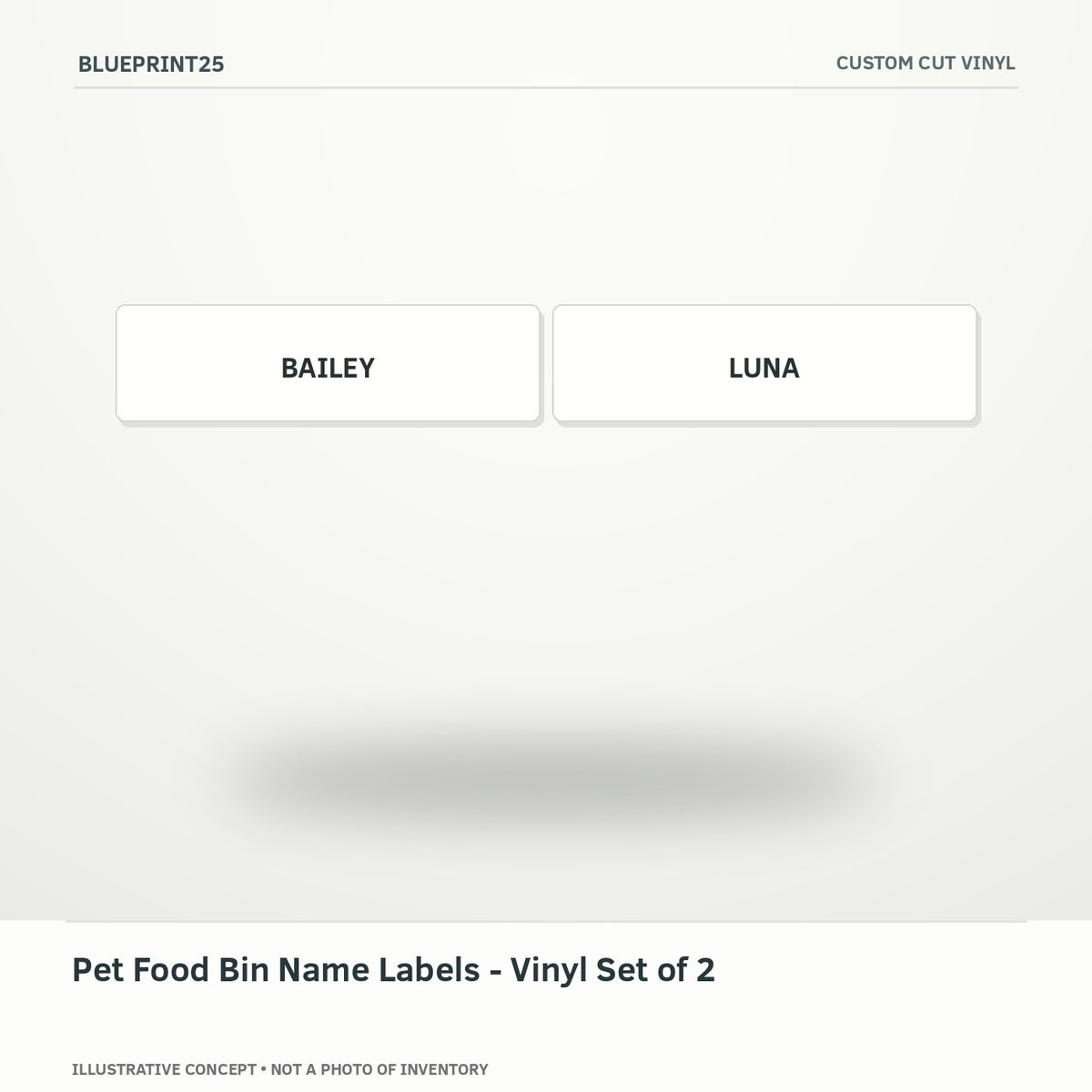 Pet Food Bin Name Labels - Vinyl Set of 2 illustrative concept, main view; not a photo of finished inventory.