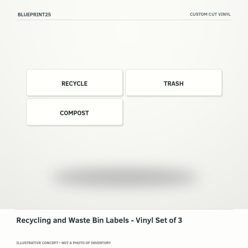 Recycling and Waste Bin Labels - Vinyl Set of 3 illustrative concept, main view; not a photo of finished inventory.