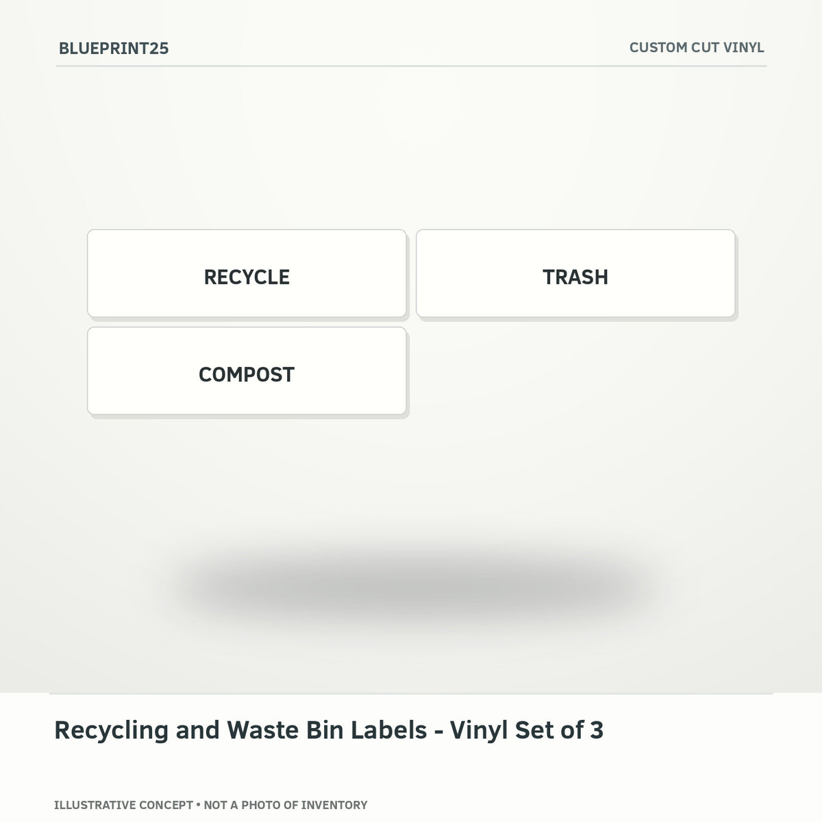 Recycling and Waste Bin Labels - Vinyl Set of 3 illustrative concept, main view; not a photo of finished inventory.