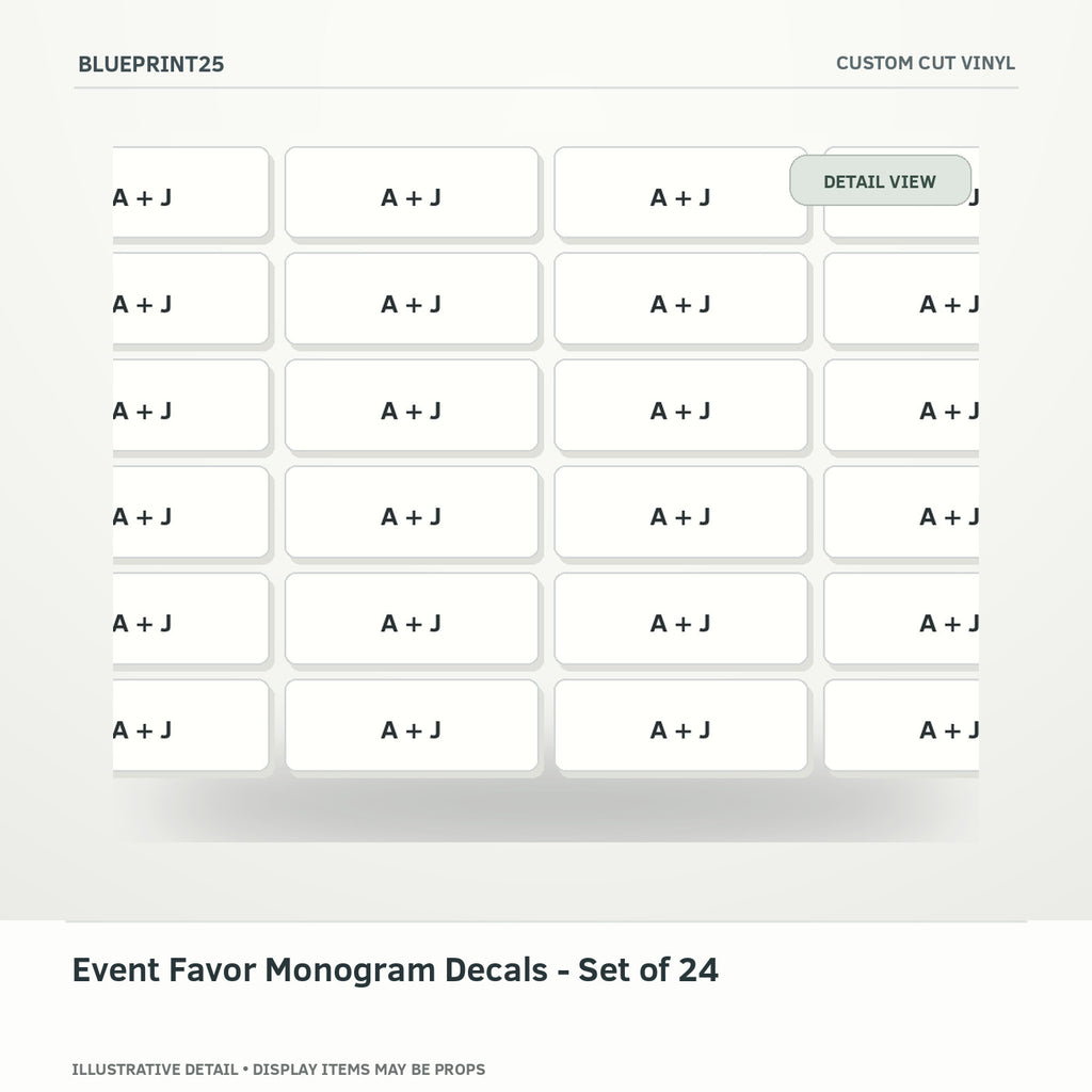 Event Favor Monogram Decals - Set of 24 illustrative concept, detail view; final physical design has not been confirmed.