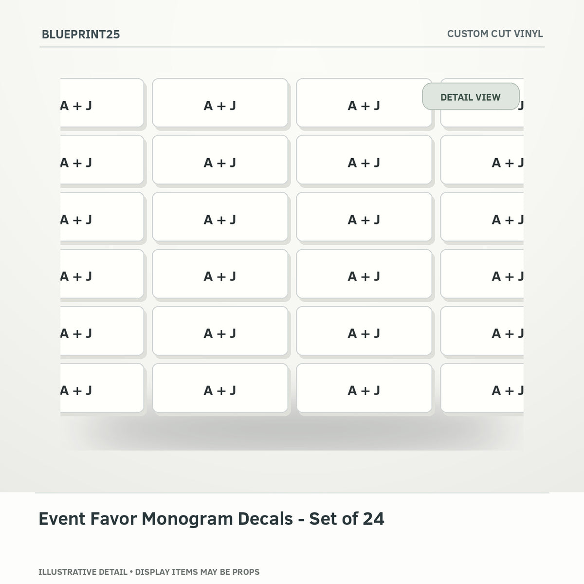 Event Favor Monogram Decals - Set of 24 illustrative concept, detail view; final physical design has not been confirmed.