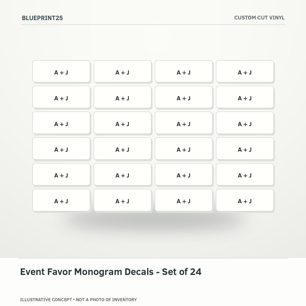 Event Favor Monogram Decals - Set of 24 illustrative concept, main view; not a photo of finished inventory.