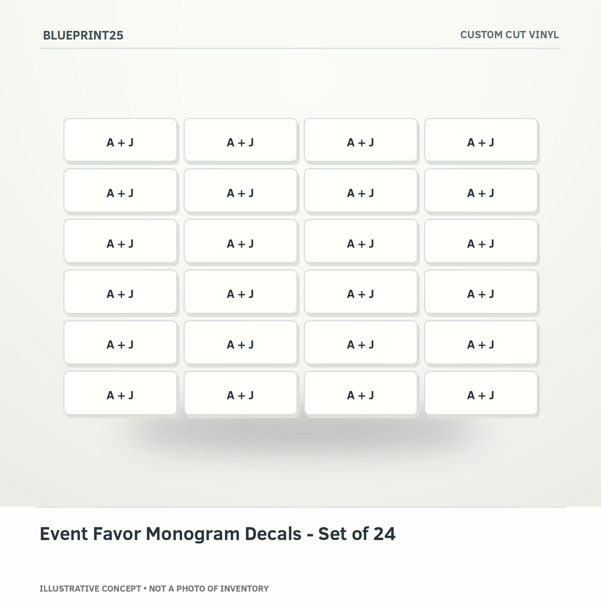 Event Favor Monogram Decals - Set of 24 illustrative concept, main view; not a photo of finished inventory.