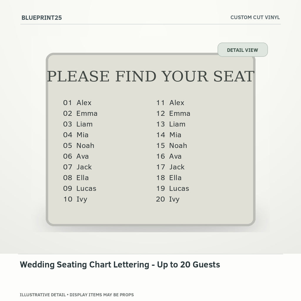 Wedding Seating Chart Lettering - Up to 20 Guests illustrative concept, detail view; final physical design has not been confirmed.