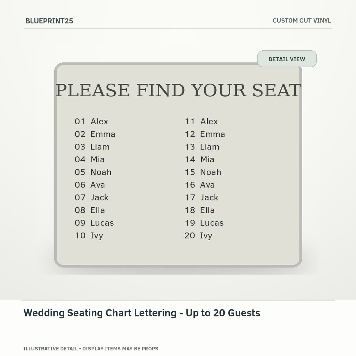 Wedding Seating Chart Lettering - Up to 20 Guests illustrative concept, detail view; final physical design has not been confirmed.