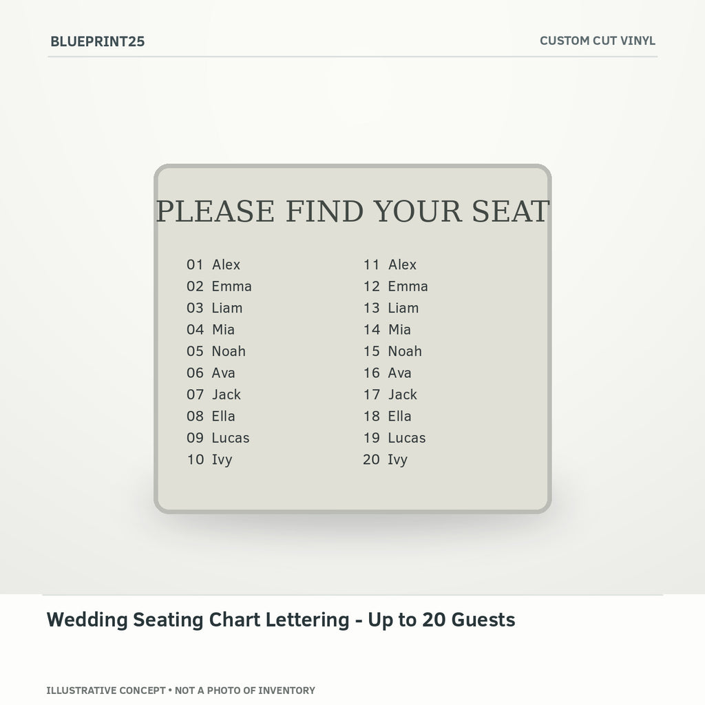 Wedding Seating Chart Lettering - Up to 20 Guests illustrative concept, main view; not a photo of finished inventory.