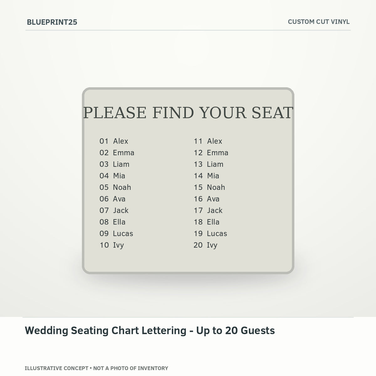 Wedding Seating Chart Lettering - Up to 20 Guests illustrative concept, main view; not a photo of finished inventory.