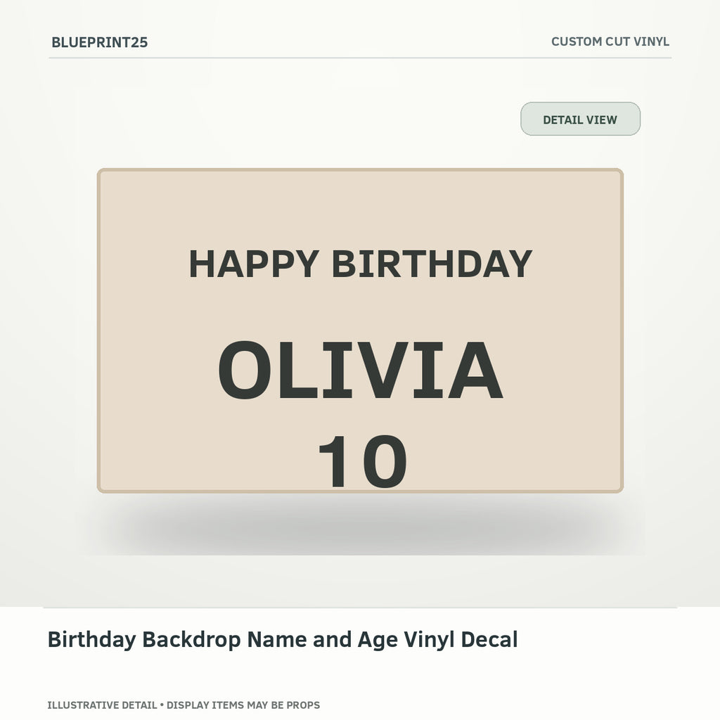 Birthday Backdrop Name and Age Vinyl Decal illustrative concept, detail view; final physical design has not been confirmed.