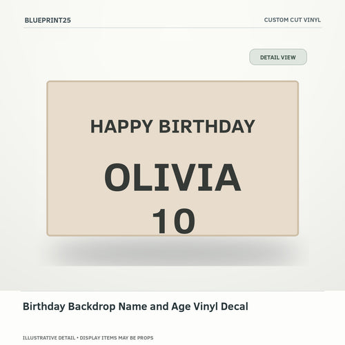 Birthday Backdrop Name and Age Vinyl Decal illustrative concept, detail view; final physical design has not been confirmed.