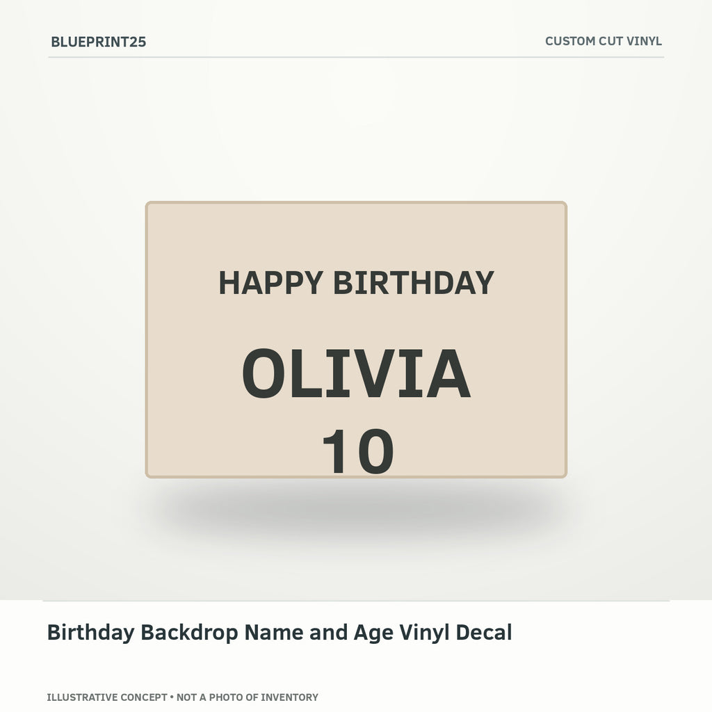 Birthday Backdrop Name and Age Vinyl Decal illustrative concept, main view; not a photo of finished inventory.