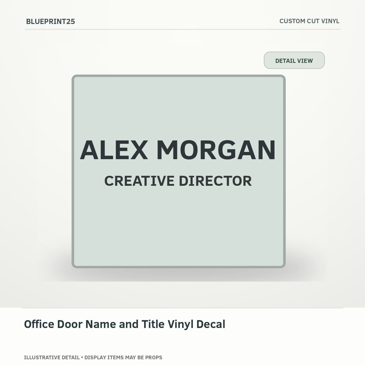 Office Door Name and Title Vinyl Decal illustrative concept, detail view; final physical design has not been confirmed.