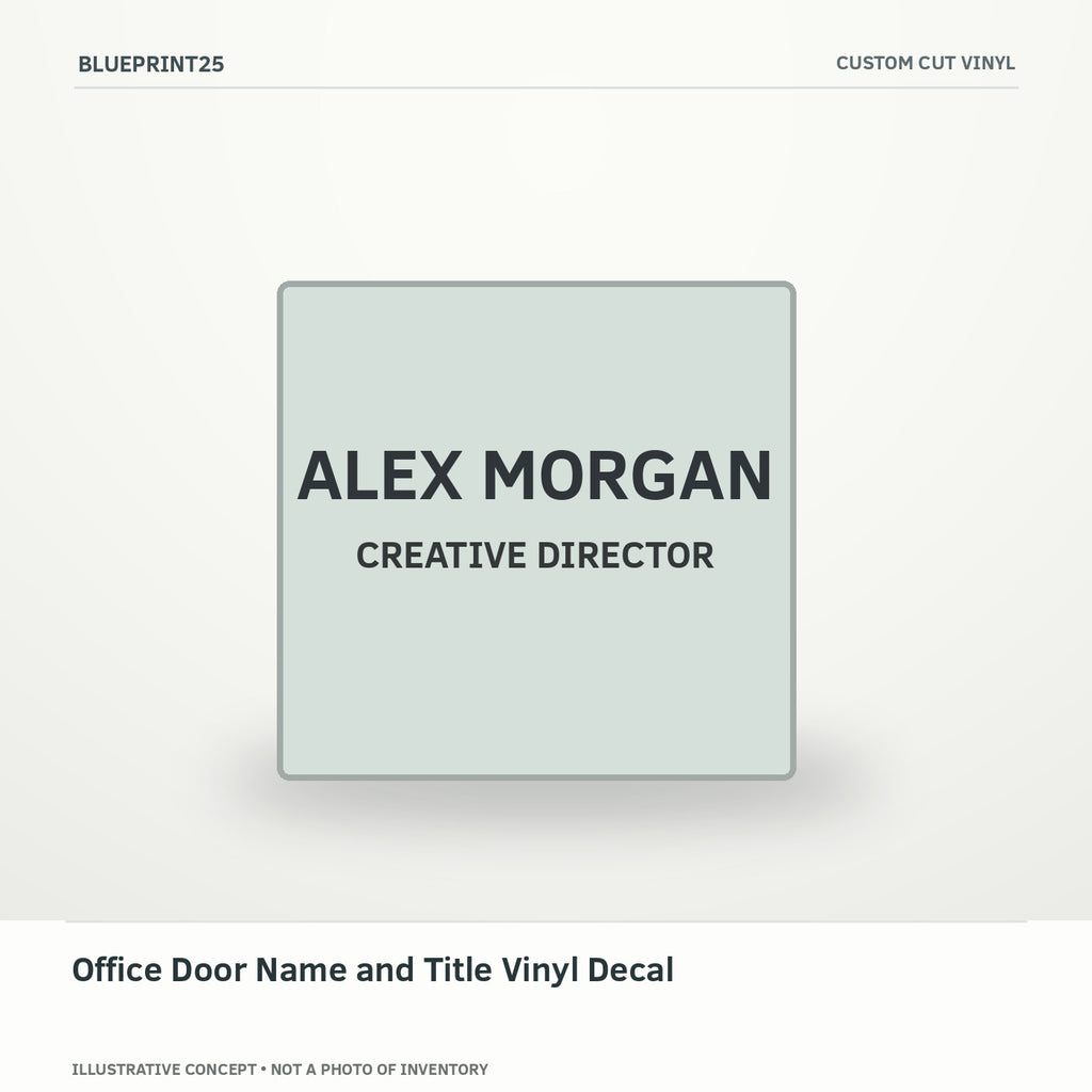 Office Door Name and Title Vinyl Decal illustrative concept, main view; not a photo of finished inventory.