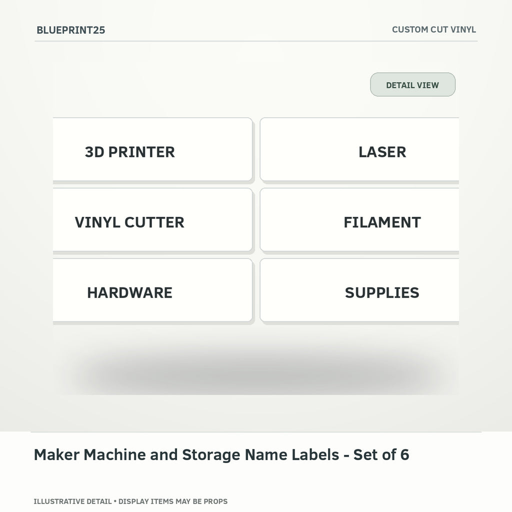 Maker Machine and Storage Name Labels - Set of 6 illustrative concept, detail view; final physical design has not been confirmed.