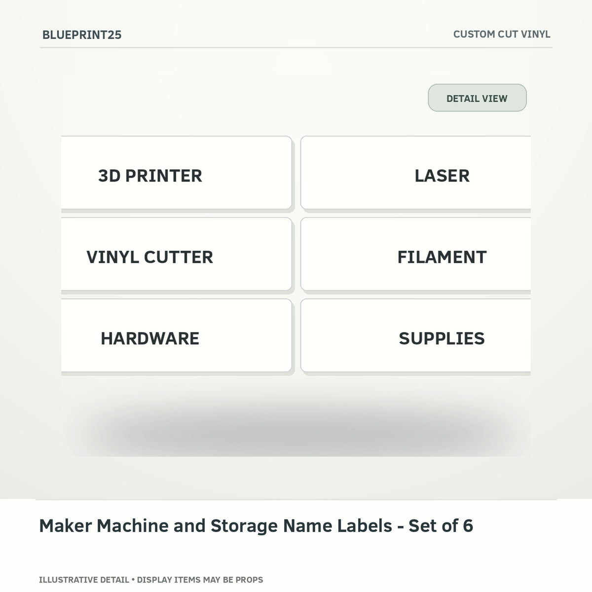 Maker Machine and Storage Name Labels - Set of 6 illustrative concept, detail view; final physical design has not been confirmed.