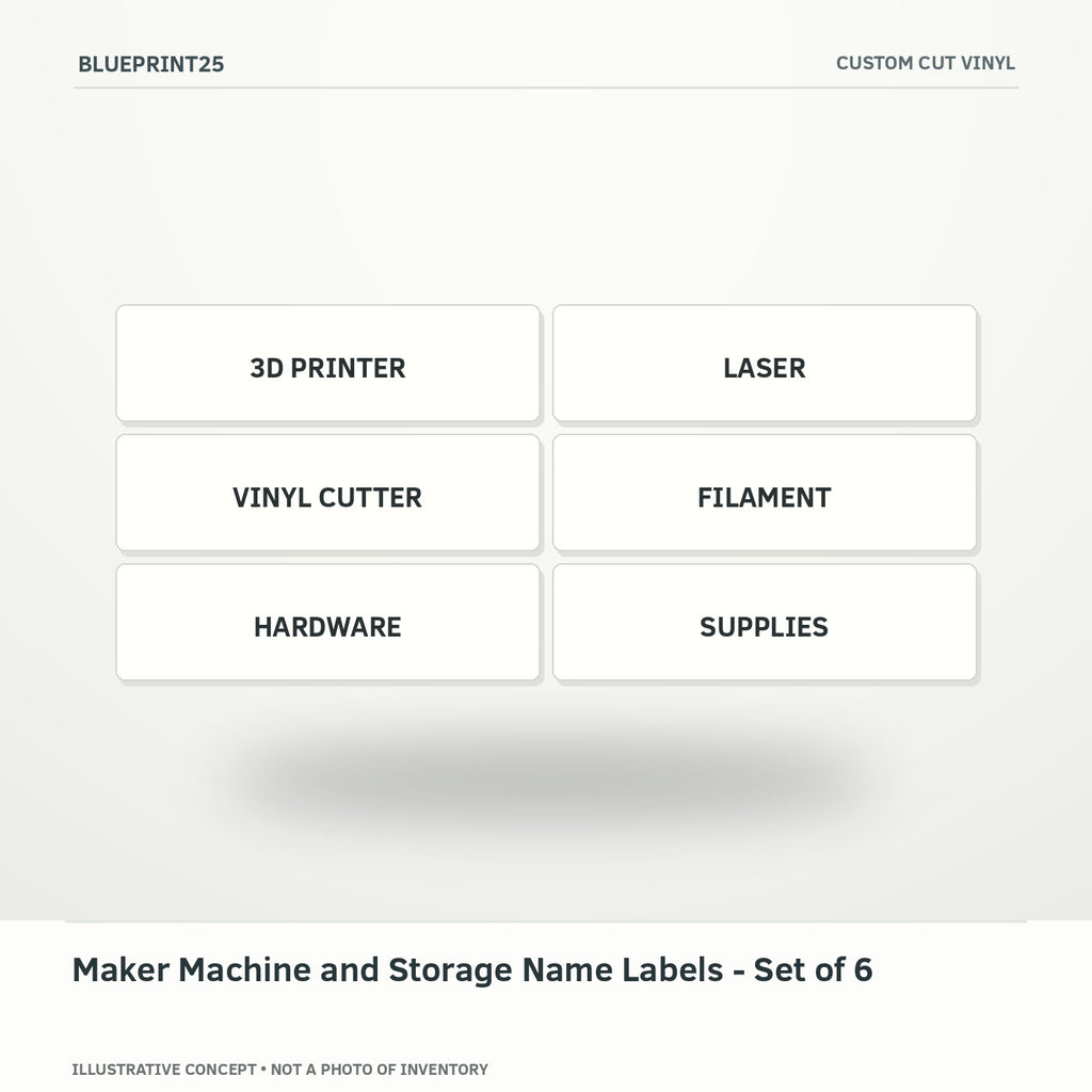 Maker Machine and Storage Name Labels - Set of 6 illustrative concept, main view; not a photo of finished inventory.