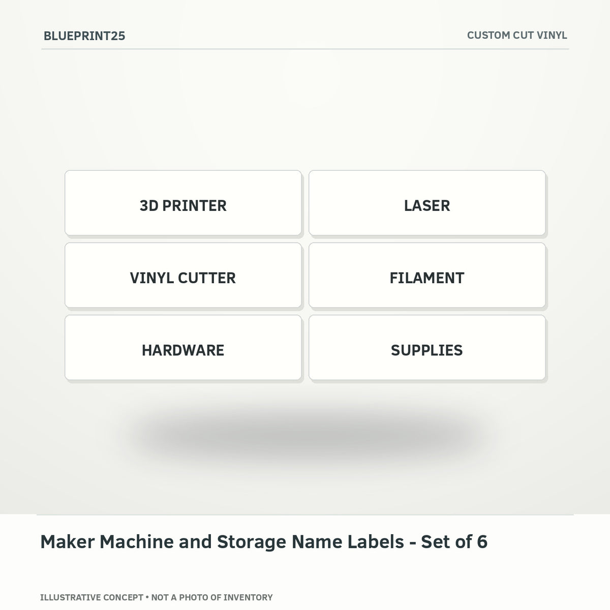 Maker Machine and Storage Name Labels - Set of 6 illustrative concept, main view; not a photo of finished inventory.