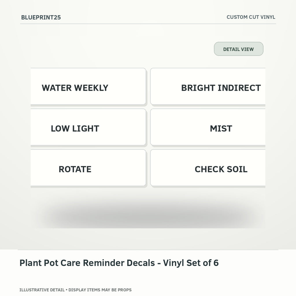 Plant Pot Care Reminder Decals - Vinyl Set of 6 illustrative concept, detail view; final physical design has not been confirmed.