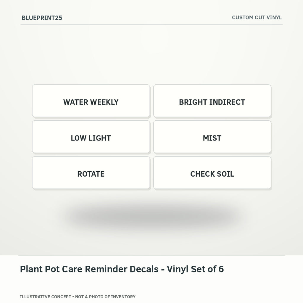 Plant Pot Care Reminder Decals - Vinyl Set of 6 illustrative concept, main view; not a photo of finished inventory.