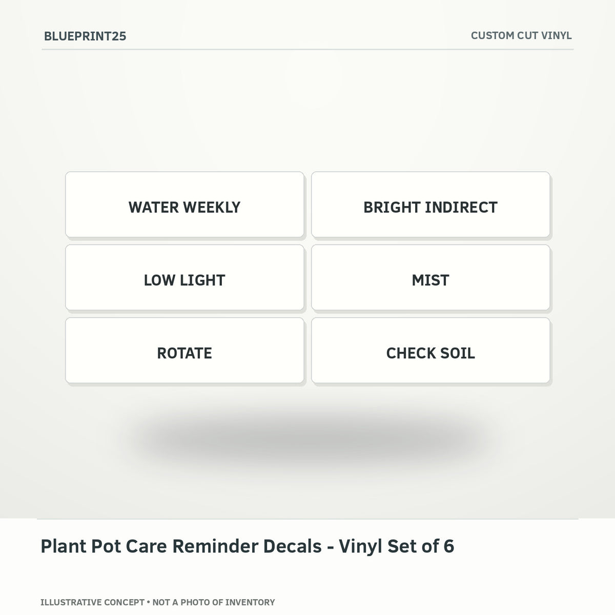 Plant Pot Care Reminder Decals - Vinyl Set of 6 illustrative concept, main view; not a photo of finished inventory.