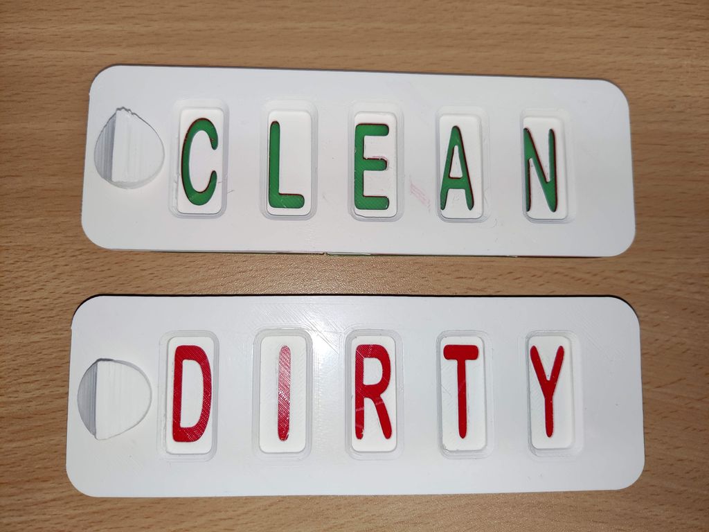 White clean and dirty dishwasher sign examples with contrasting lettering.