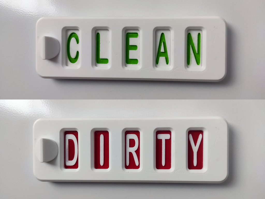Light gray clean and dirty dishwasher sign examples with green and red lettering.